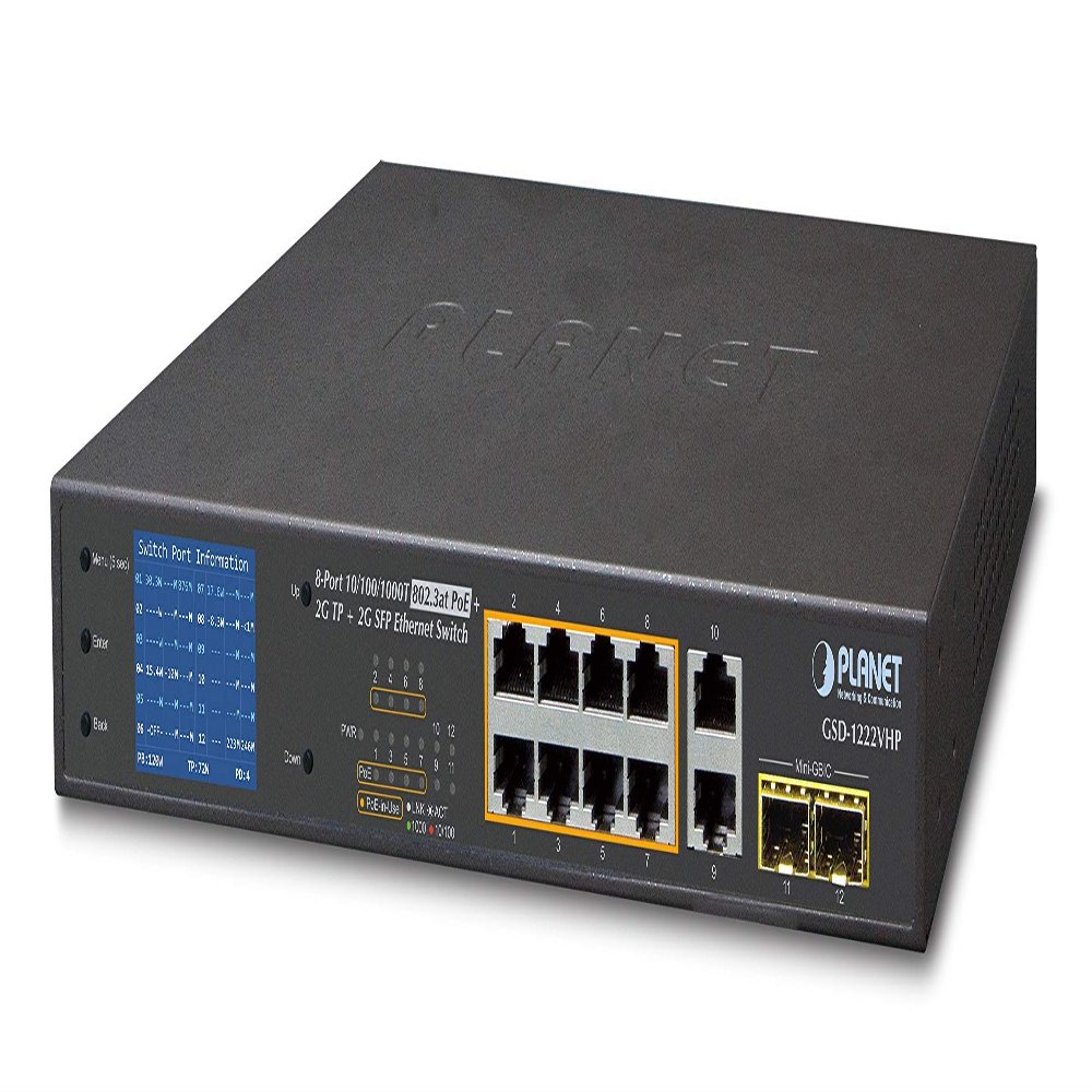 GSD-1222VHP 8-Port 10/100/1000T 802.3at PoE + 2-Port 10/100/1000T + 2-Port 1000X SFP Ethernet Switch with PoE LCD Monitor