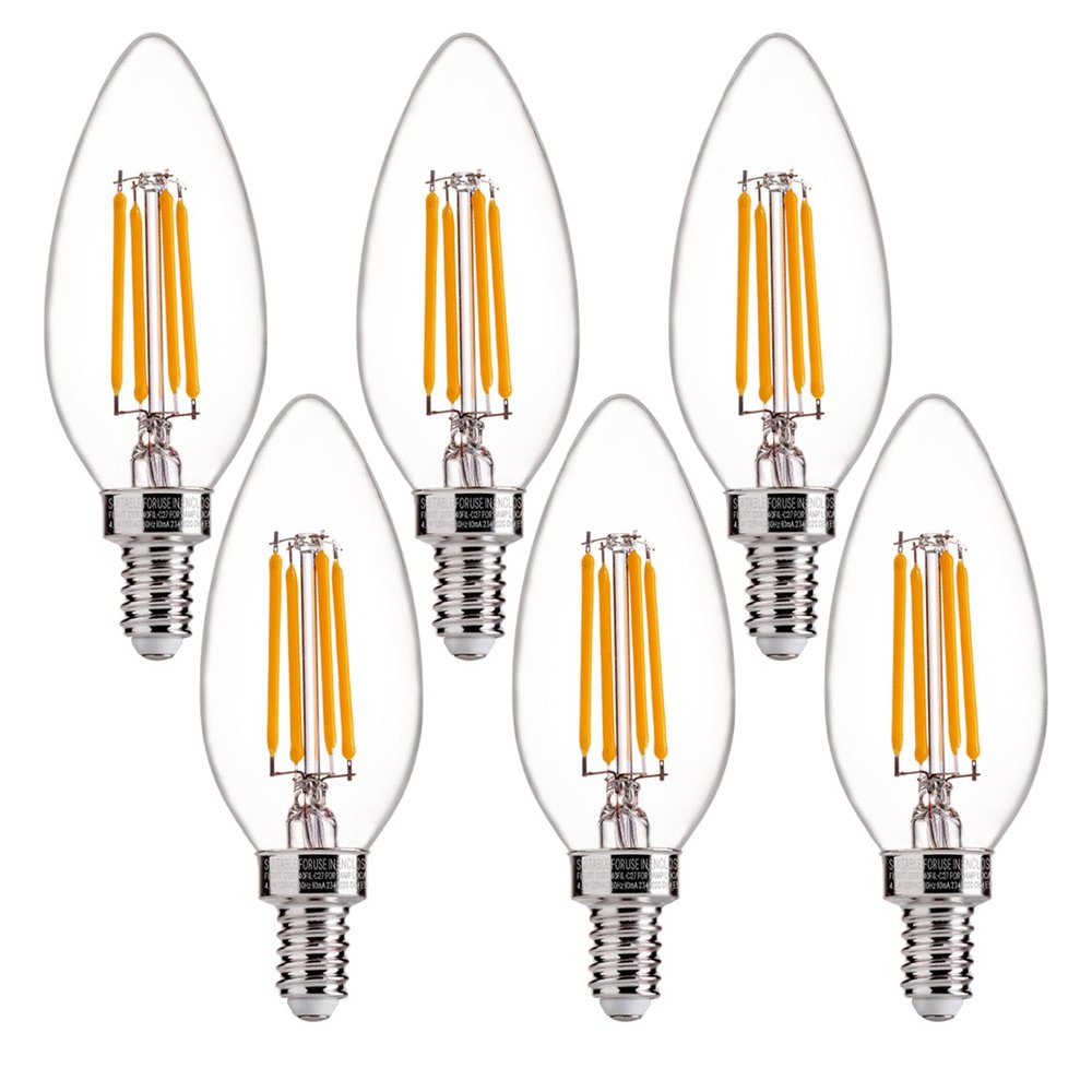 FLSNT 60W Equivalent LED Chandelier Light Bulbs, Dimmable, E12 Base, Clear B11 LED Filament Candelabra Bulbs, 2700K Soft White, 6 Pack