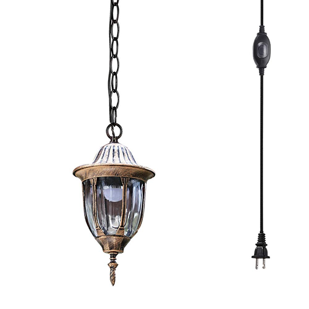 ANYE Glass Metal Pendant Lighting European Chandelier Outdoor Balcony Garden Fixtures Retro Style Decor for Corridor Garden with 15ft UL IP65 Waterproof Plug-in Button Cord Bulb Not Included