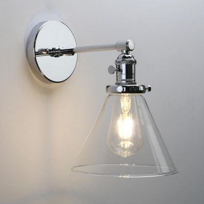 Phansthy Vintage Industrial Wall Light Bathroom Wall Sconce Indoor Hardwired 1-Light Wall Lamp with 7.3 Inches Cone Glass Lampshade for Mirror, Living Room, Hallway (Chrome)