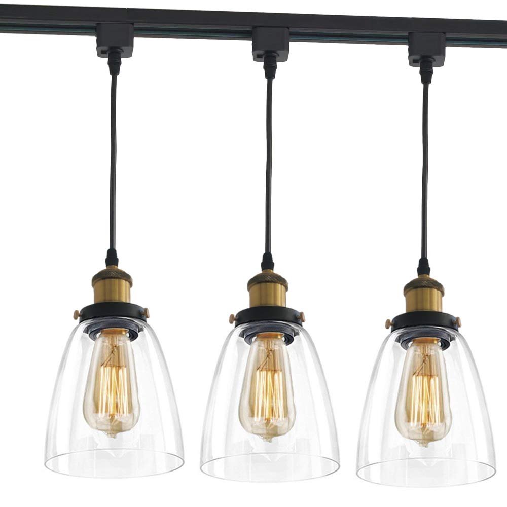 STGLIGHTING 3-Pack H-Type Track Light Pendants Restaurant Chandelier Glass Lampshade Pendant Light Industrial 1.6ft Wire Factory Pendant Lamp Bulb Not Included Dimmable Track Mount Pendant Lighting