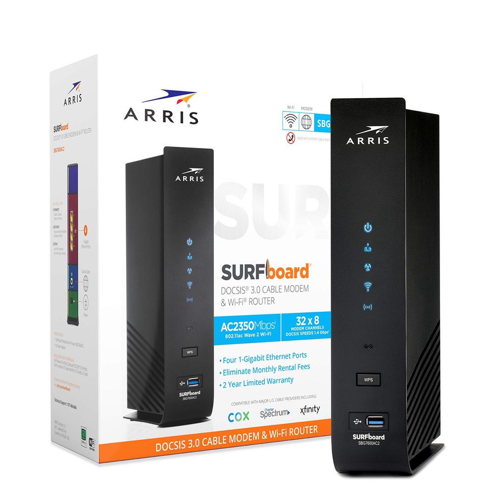 ARRIS (SBG7600AC2) - Cable Modem Router Combo - DOCSIS 3.0 & AC2350 WiFi, [Check with your provider for compatibility]Four 1 Gbps Ports , 800 Mbps Max Internet Speeds