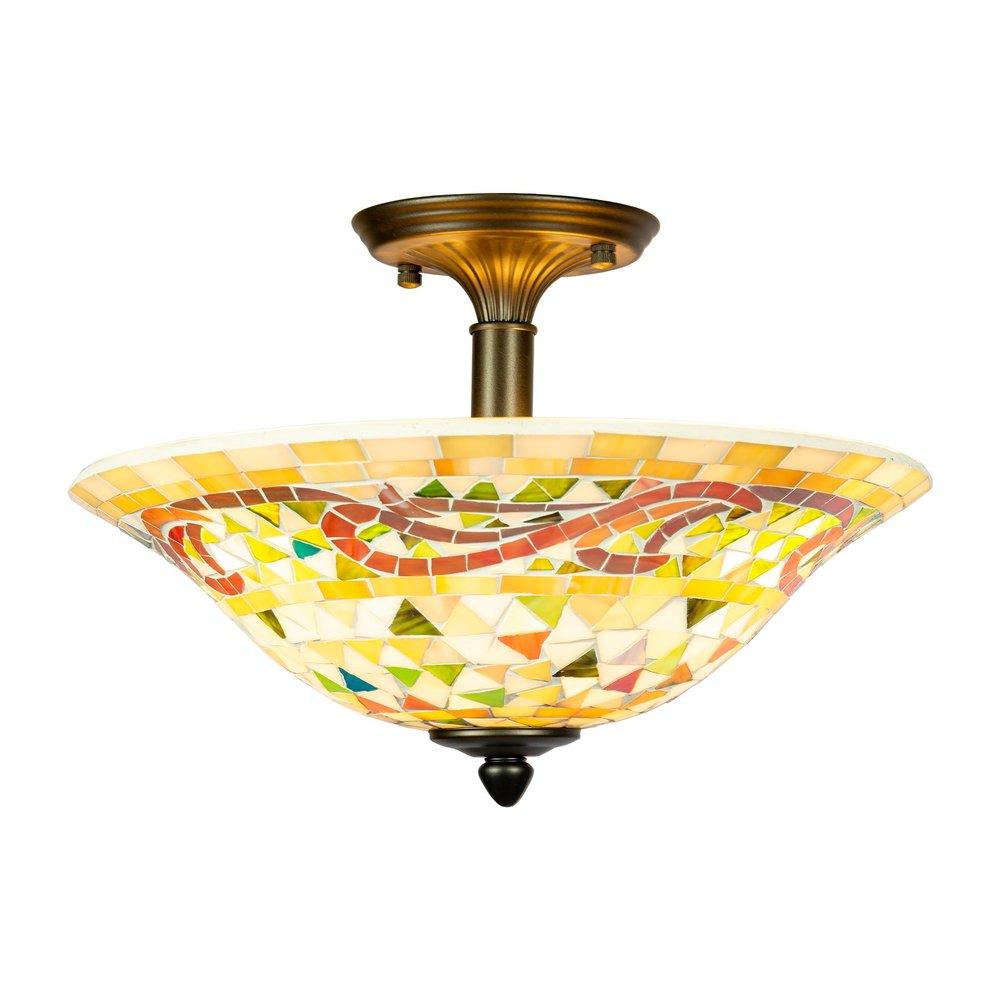 Pemberly Row Mosaic Flush Mount Ceiling Light, 12 in x 13.25 in, Metal Antique Brass Finish, Beige Multicolor Mosaic Glass Shade, 3-Bulb, Indoor Foyer or Entryway Lighting Fixture