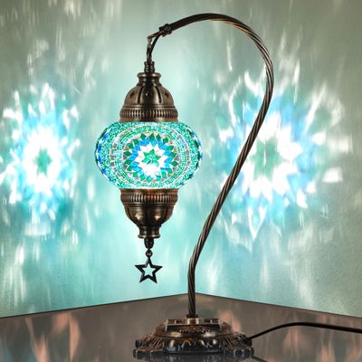 DEMMEX Authentic Turkish Lamp, Made in Turkey, Turkish Moroccan Mosaic Table Bedside Lamp, 100% Handcrafted, Antique Brass Color Metal Body and Decorated Metal Base, Gooseneck, 15" (Turquoise)