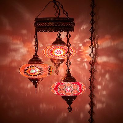 DEMMEX 3-Globe Turkish Mosaic Plug-in Chandelier, Handmade Moroccan Hanging Ceiling Lamp with 15-Foot Cord & Chain, Bohemian Decorative Pendant Light for Living Room, Bedroom, 3.5 ft -Reds
