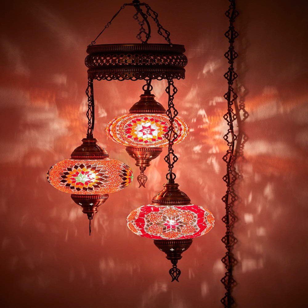 DEMMEX 3-Globe Turkish Mosaic Plug-in Chandelier, Handmade Moroccan Hanging Ceiling Lamp with 15-Foot Cord & Chain, Bohemian Decorative Pendant Light for Living Room, Bedroom, 3.5 ft -Reds