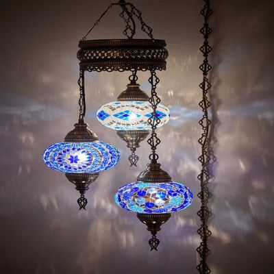 DEMMEX 3-Globe Turkish Mosaic Plug-in Chandelier, Handmade Moroccan Hanging Ceiling Lamp with 15-Foot Cord & Chain, Bohemian Decorative Pendant Light for Living Room, Bedroom, 3.5 ft (Blues)