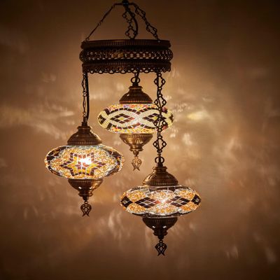 DEMMEX 3-Globe Turkish Mosaic Hard-Wired Chandelier, Handmade Moroccan Hanging Ceiling Lamp, Bohemian Decorative Pendant Light for Living Room, Bedroom, Amber