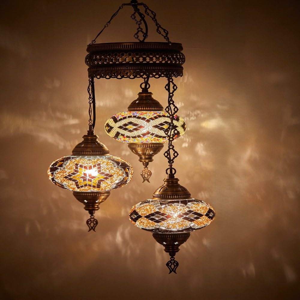 DEMMEX 3-Globe Turkish Mosaic Hard-Wired Chandelier, Handmade Moroccan Hanging Ceiling Lamp, Bohemian Decorative Pendant Light for Living Room, Bedroom, Amber
