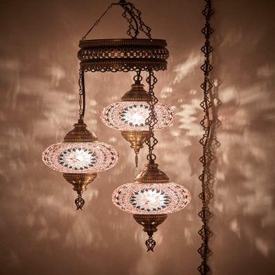 DEMMEX 3-Globe Turkish Mosaic Plug-in Chandelier, Handmade Moroccan Hanging Ceiling Lamp with 15-Foot Cord & Chain, Bohemian Decorative Pendant Light for Living Room, Bedroom, 3.5 ft (Purple-Lilac)