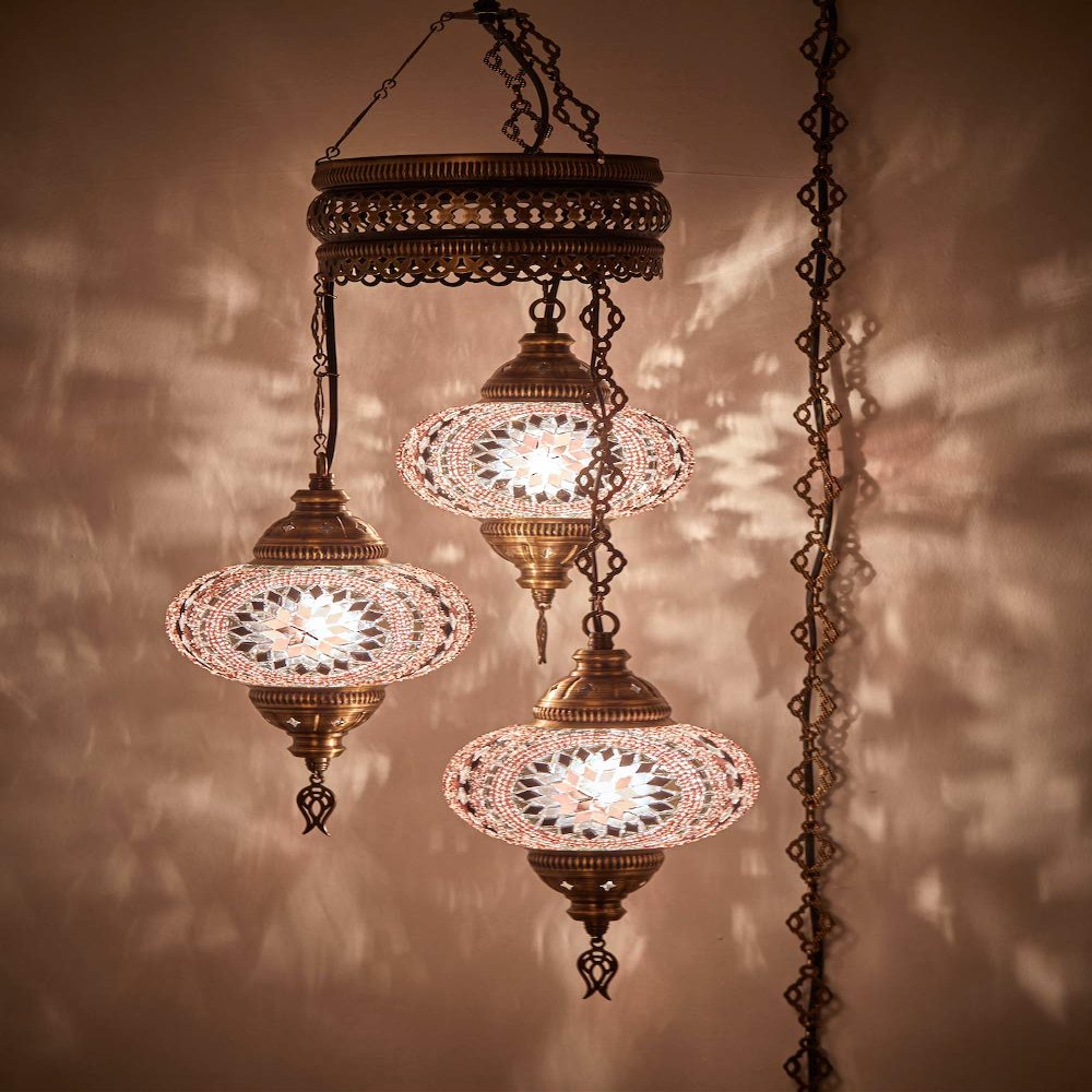 DEMMEX 3-Globe Turkish Mosaic Plug-in Chandelier, Handmade Moroccan Hanging Ceiling Lamp with 15-Foot Cord & Chain, Bohemian Decorative Pendant Light for Living Room, Bedroom, 3.5 ft (Purple-Lilac)