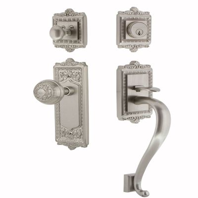 Nostalgic Warehouse 719543 Egg and Dart S Grip Entry Set & Knob, Backset - 2.375", Satin Nickel