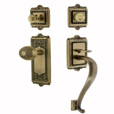 Nostalgic Warehouse 719407 Egg and Dart S Grip Entry Set & Knob, Backset - 2.375", Antique Brass