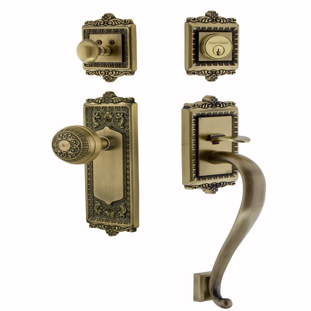Nostalgic Warehouse 719407 Egg and Dart S Grip Entry Set & Knob, Backset - 2.375", Antique Brass