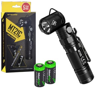 EdisonBright Nitecore MT21C 1000 Lumen 90 Degree Tilt-able Head LED Flashlight with 2 X CR123A Batteries Bundle