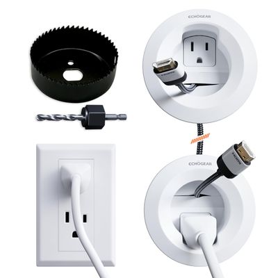 ECHOGEAR in-Wall Cable Management Kit for Power & Low Voltage Cords Hide TV Wires Behind The Wall Includes 3.75 Diameter x 3.25 Depth Modules, 6ft Extension Cord, Drywall Hole Saw Attachment