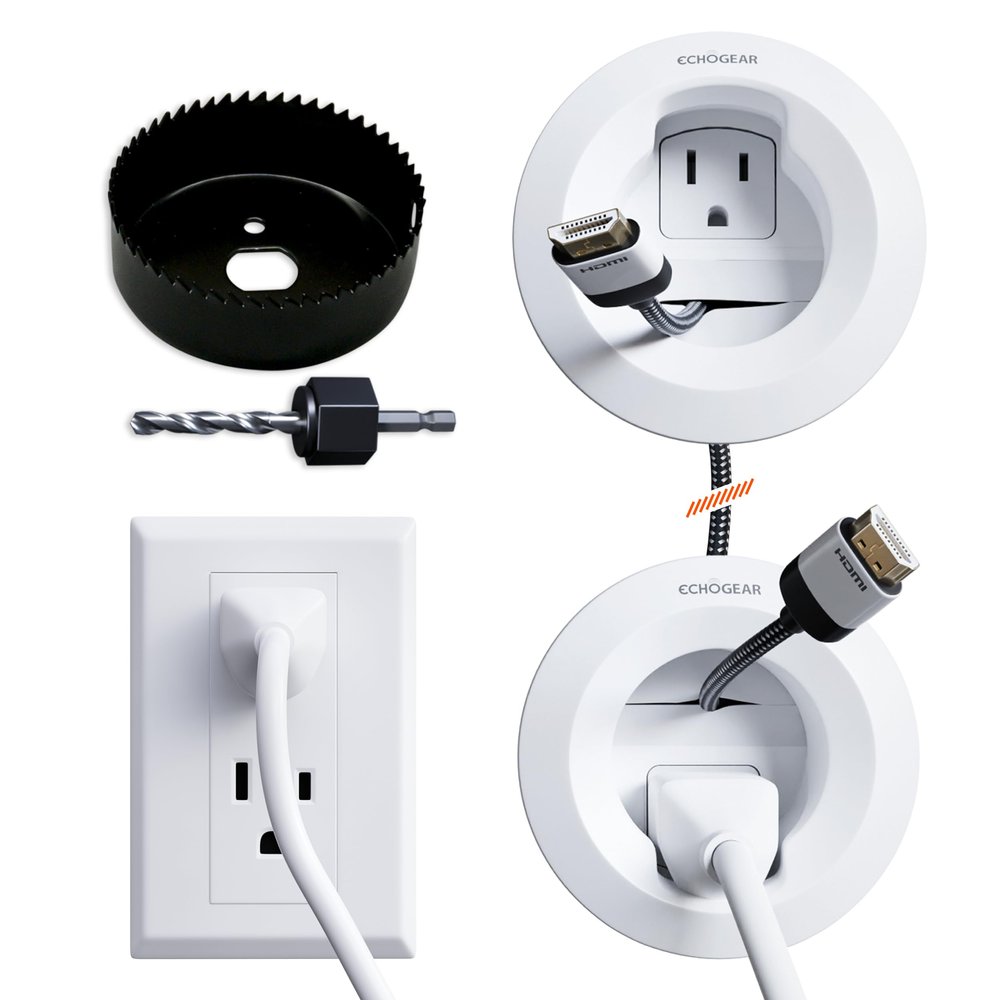 ECHOGEAR in-Wall Cable Management Kit for Power & Low Voltage Cords Hide TV Wires Behind The Wall Includes 3.75 Diameter x 3.25 Depth Modules, 6ft Extension Cord, Drywall Hole Saw Attachment