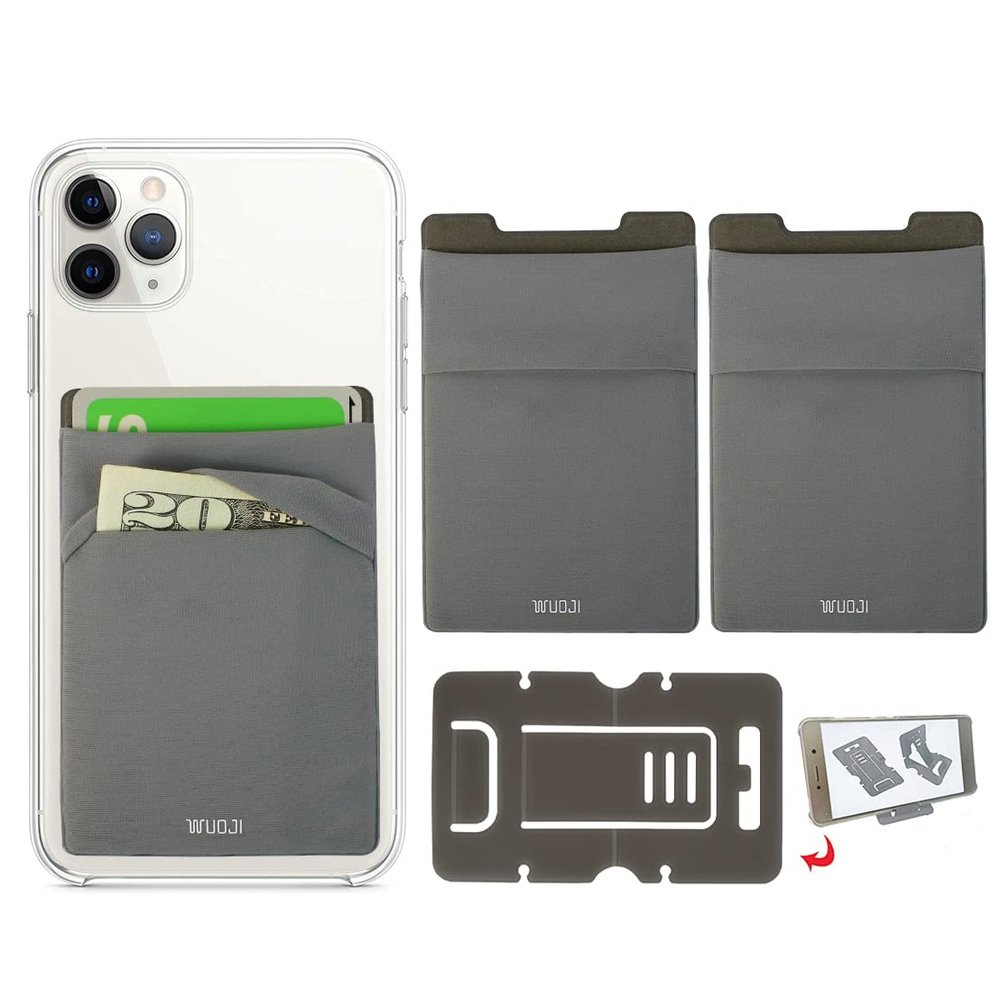 WUOJI RFID Blocking Phone Card Wallet - Double Secure Pocket - Ultra-Slim Self Adhesive Credit Card Holder Card Sleeves Phone Wallet Sticker All Smartphones(Gray)-2PC