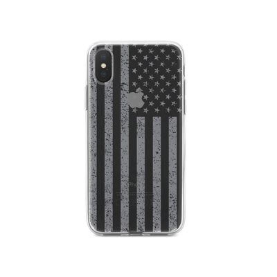 DistinctInk Clear Shockproof Hybrid Case for iPhone Xs Max (6.5" Screen) - TPU Bumper, Acrylic Back, Tempered Glass Screen Protector - Weathered Grey US Flag