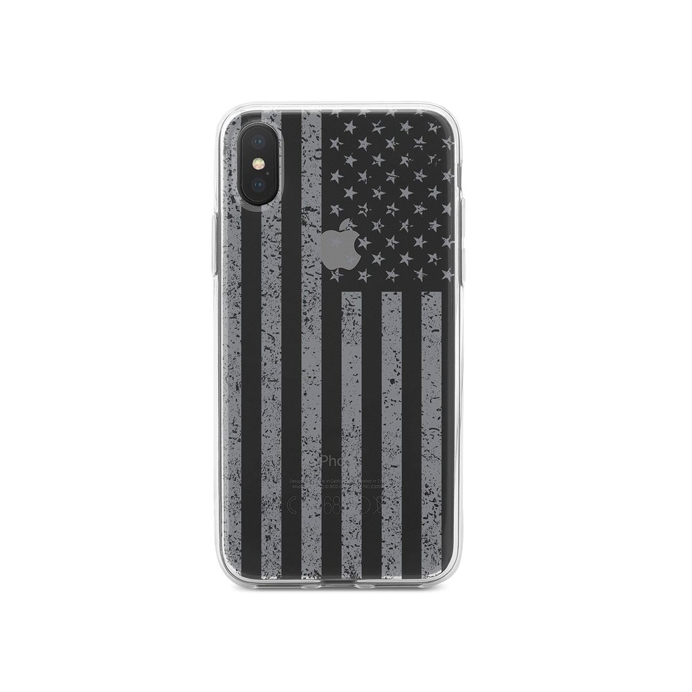 DistinctInk Clear Shockproof Hybrid Case for iPhone Xs Max (6.5" Screen) - TPU Bumper, Acrylic Back, Tempered Glass Screen Protector - Weathered Grey US Flag