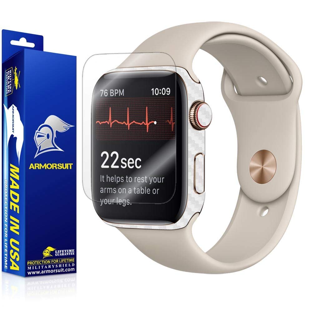 Armorsuit Apple Watch Series 4 Screen Protector (44mm) + White Carbon Fiber Skin Wrap MilitaryShield Back Protector for Apple Watch Series 4 (44mm)
