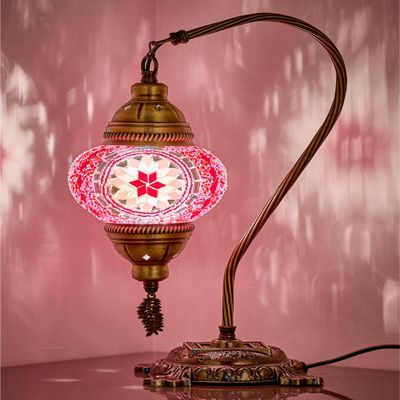 DEMMEX Turkish Moroccan Mosaic Table Lamp Handcrafted Tiffany-Style Colorful Glass Swan Neck Bedside, Desk, Table Light, Boho Artisan Accent Lighting for Bedroom or Living Room 15" H, Pink
