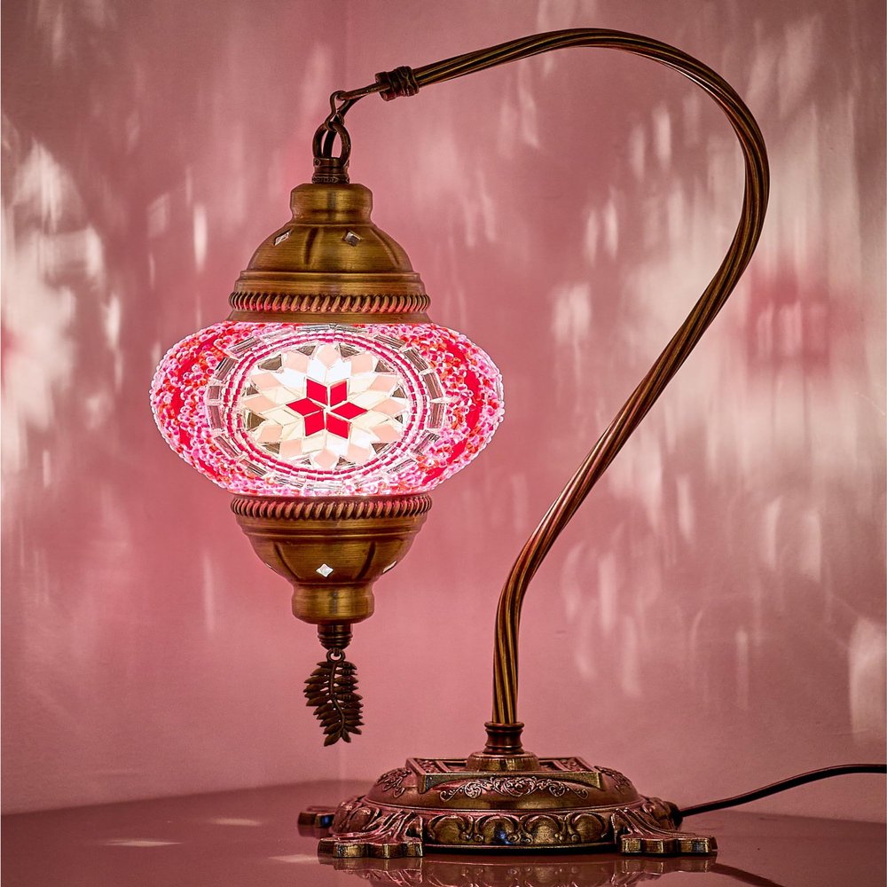 DEMMEX Turkish Moroccan Mosaic Table Lamp Handcrafted Tiffany-Style Colorful Glass Swan Neck Bedside, Desk, Table Light, Boho Artisan Accent Lighting for Bedroom or Living Room 15" H, Pink