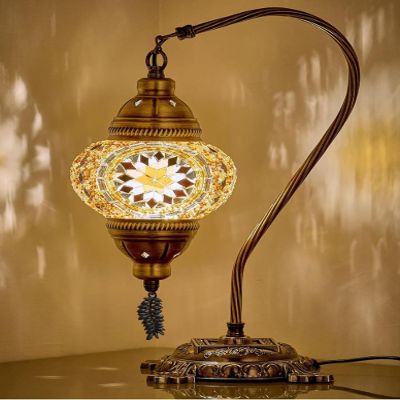DEMMEX Turkish Moroccan Mosaic Table Lamp Handcrafted Tiffany-Style Colorful Glass Swan Neck Bedside, Desk, Table Light, Boho Artisan Accent Lighting for Bedroom or Living Room 15" H, Amber Brown