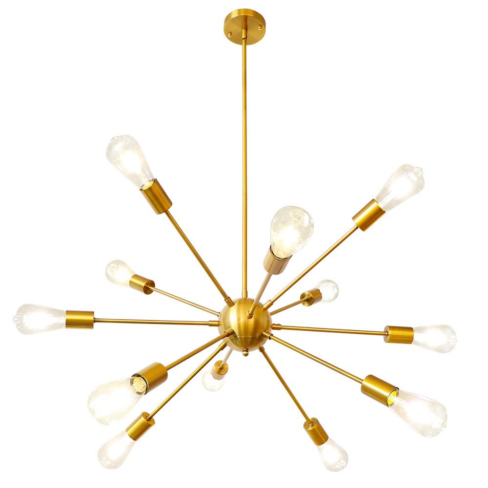 12-Light Gold Sputnik Chandelier, Mid Century Modern Ceiling Light Fixture