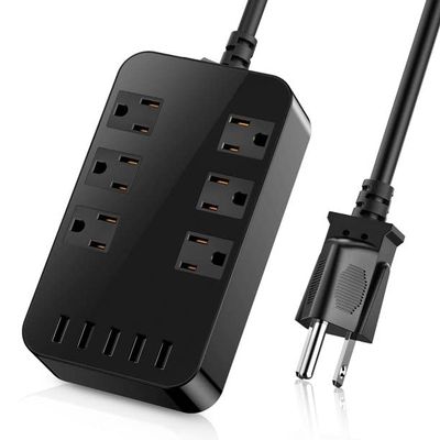 ZONV Wall Mount Power Outlet 6 AC Multi-Outlet Extender 5 USB Charging Ports Black Flat Plug 6ft Extension Cord 10A 2500W Compact Plug and Socket Home Office
