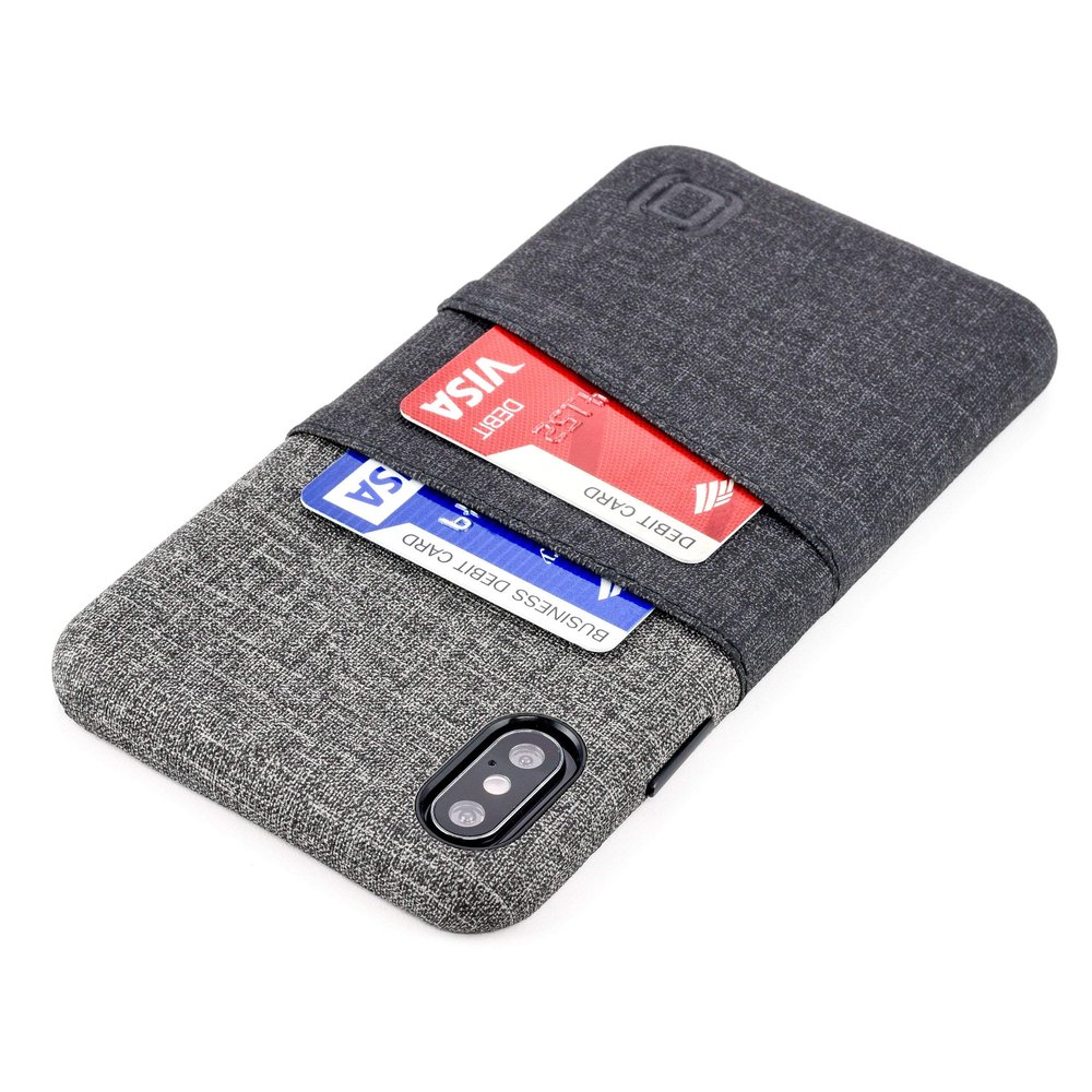 Dockem Wallet Case for iPhone Xs Max (6.5"): Built-in Metal Plate for Magnetic Mounting & 2 Credit Card Holder Slots (Luxe M2 Synthetic Leather, Black & Grey)