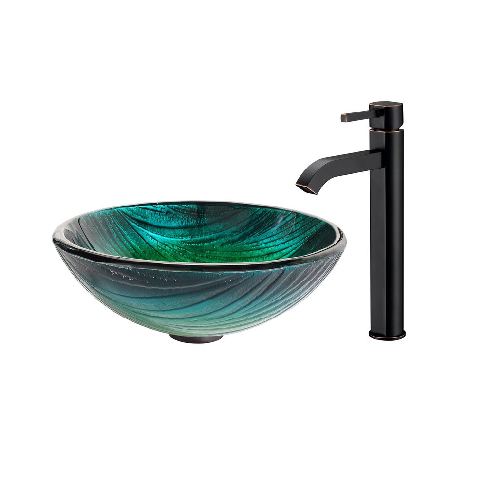 KRAUS Nei Glass Vessel Sink in Green with Ramus Faucet in Oil Rubbed Bronze