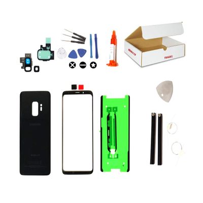 MD0410 Repair Kit Compatible for Samsung Galaxy S9 G960 - Front Outer Glass Lens + Back Cover + Camera Lens Flash Cover Replacement (Black)