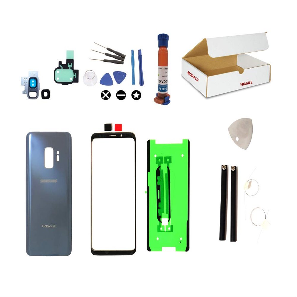 MD0410 Screen Repair Kit Compatible with Samsung Galaxy S9 G960 - Front Outer Glass Lens, Back Cover with Camera Lens Cover Replacement (Coral Blue)