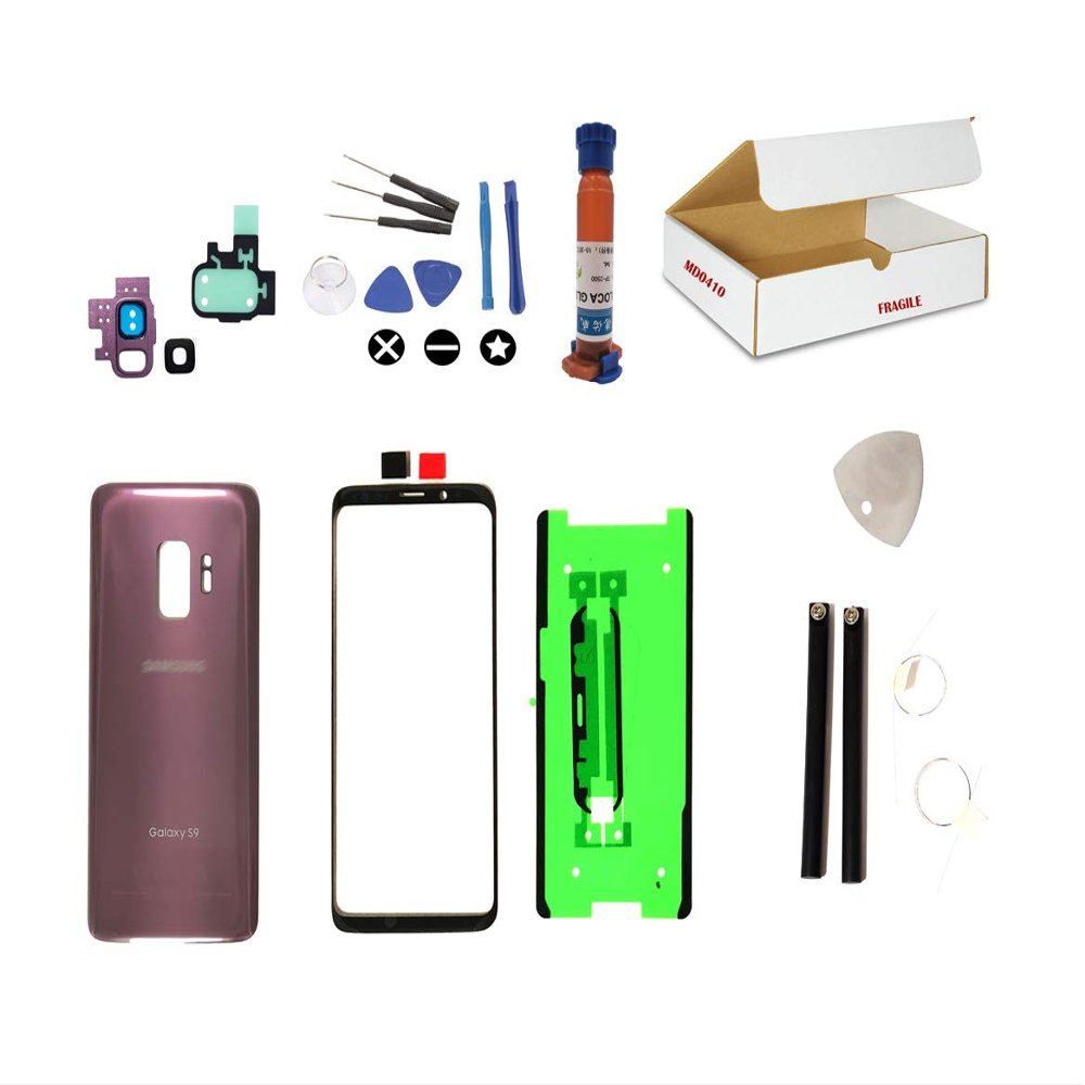 MD0410 Screen Repair Kit Compatible Galaxy S9 G960 Front Outer Glass Lens, Back Cover with Camera Lens Replacement (Purple)