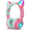 Riwbox CT-7 Cat Ear Bluetooth Headphones, LED Light Up Bluetooth Wireless Over Ear Headphones with Microphone and Volume Control for Travel/School/Smartphones/Laptop/PC/TV (Pink&Green) view 1