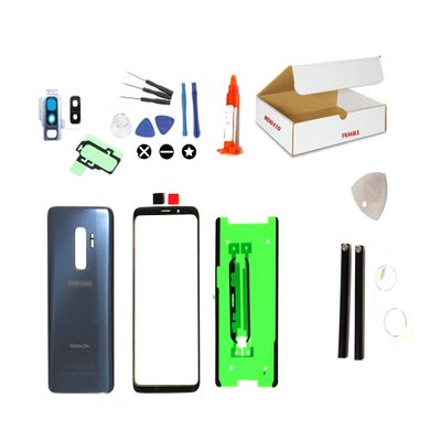 MD0410 Repair Kit Compatible for Samsung Galaxy S9 Plus G965 - Front Outer Glass Lens + Back Cover + Camera Lens Flash Cover Replacement (Coral Blue)