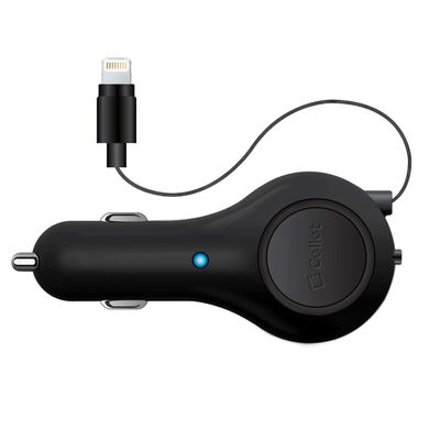 Cellet Retractable iPhone Car Charger with Lighting Cable (Apple MFI Certified) 10-Watt Compatible with iPhone 14 Pro Max Plus mini SE 13 12 11 Xr Xs X 8 7 6 5 iPad, iPad Pro, iPad Air, iPad mini