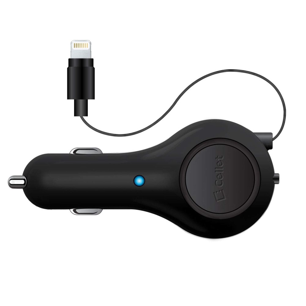 Cellet Retractable iPhone Car Charger with Lighting Cable (Apple MFI Certified) 10-Watt Compatible with iPhone 14 Pro Max Plus mini SE 13 12 11 Xr Xs X 8 7 6 5 iPad, iPad Pro, iPad Air, iPad mini