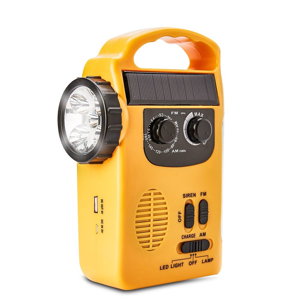 HOSHINE Solar Multi-functional 4-way Powered LED Camping Lantern and Flashlight with AM/FM Radio Cell Phone Charger, Color Yellow
