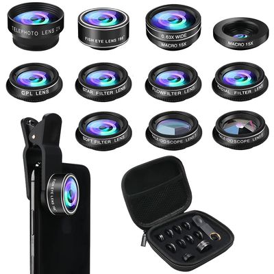 Phone Camera Lens Kit, 11 in 1 Cellphone Lens Kit for iPhone and Android, 0.63X Wide Angle+15X Macro+ 198Fisheye+Telephoto+CPL/Flow/Radial/Star/Soft Filter+Kaleidoscope Lens