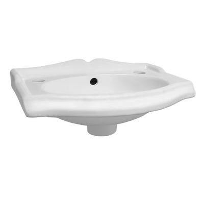 Whitehaus Isabella Collection Small Rectangular Wall Mount Sink, Integrated Oval Bowl, Backsplash, Decorative Trim; Two Hole Faucet Drilling; Color: White