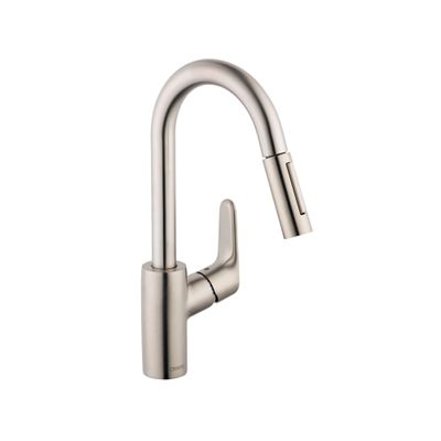 hansgrohe Focus Stainless Steel Bar Kitchen Faucet, Kitchen Faucets with Pull Down Sprayer, Faucet for Kitchen Sink, Magnetic Docking Spray Head, Stainless Steel Optic 04506801