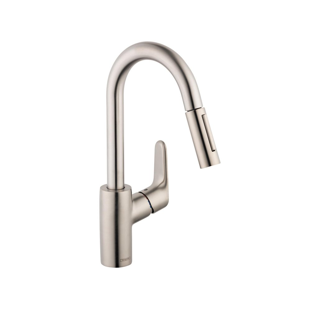 hansgrohe Focus Stainless Steel Bar Kitchen Faucet, Kitchen Faucets with Pull Down Sprayer, Faucet for Kitchen Sink, Magnetic Docking Spray Head, Stainless Steel Optic 04506801