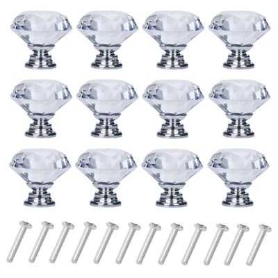 YourGift 12 Pack Drawer Knobs Diamond Shaped Crystal Glass 30mm Cabinet Knobs Pull Handles (Silver)
