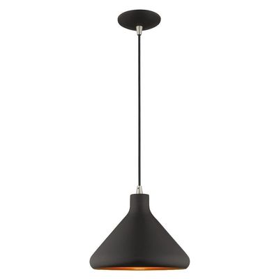 Livex Lighting 41178-04 Metal Shade - 10.5" One Light Mini Pendant, Black Finish with Black Metal/Gold Shade