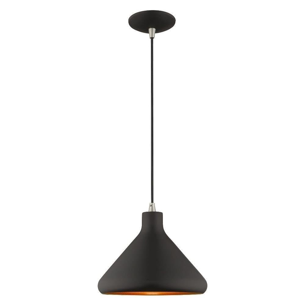 Livex Lighting 41178-04 Metal Shade - 10.5" One Light Mini Pendant, Black Finish with Black Metal/Gold Shade