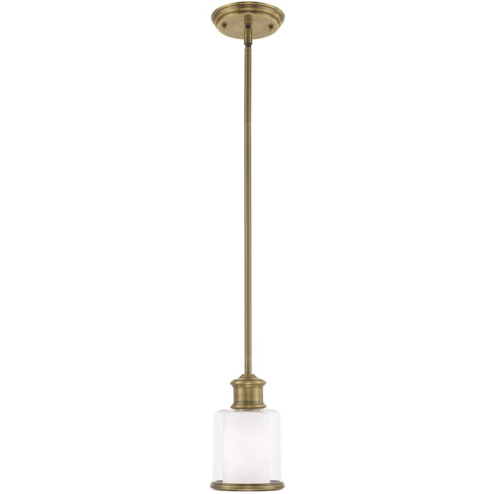 Livex Lighting 40210-01 Middlebush - One Light Mini Pendant, Antique Brass Finish with Clear/Satin Opal White Glass