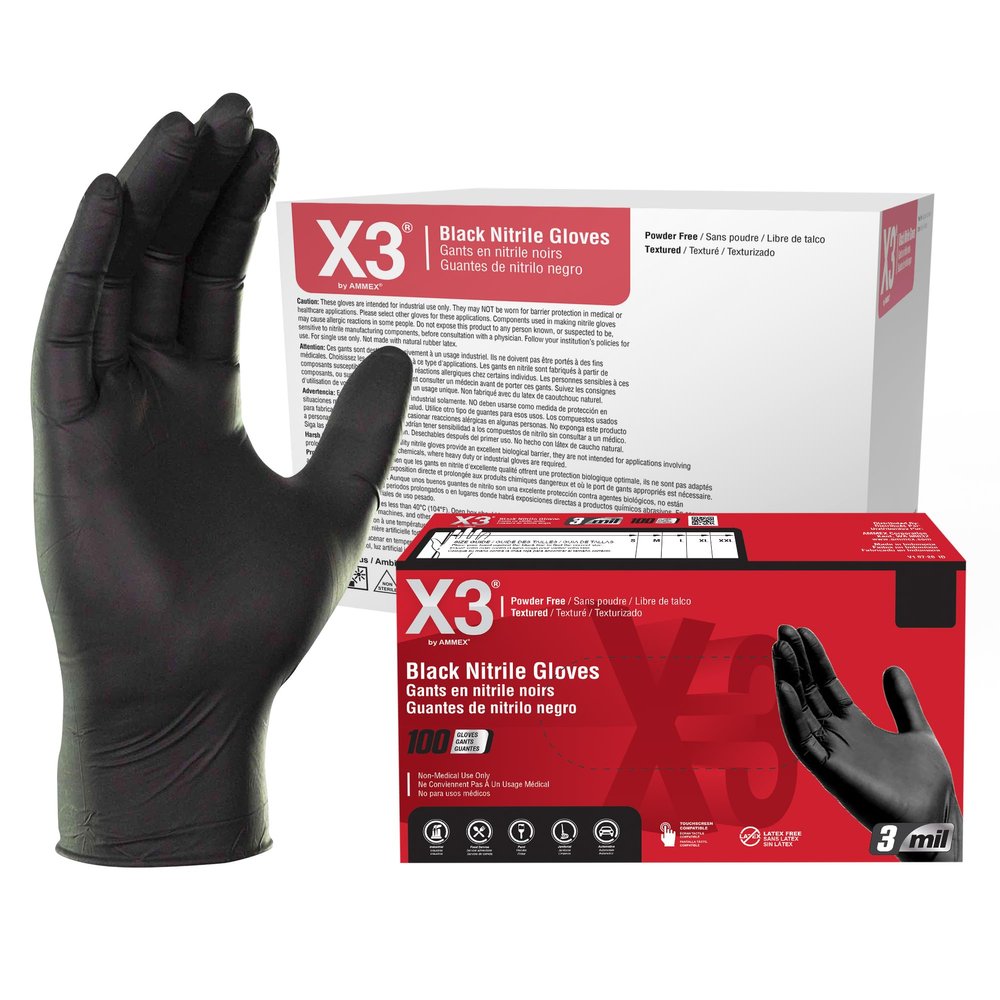 X3 Black Gloves, Disposable, Latex Free, Nitrile, for Cooking, Food Prep, 3 Mil, Powder-Free, Size Large, Case of 1000