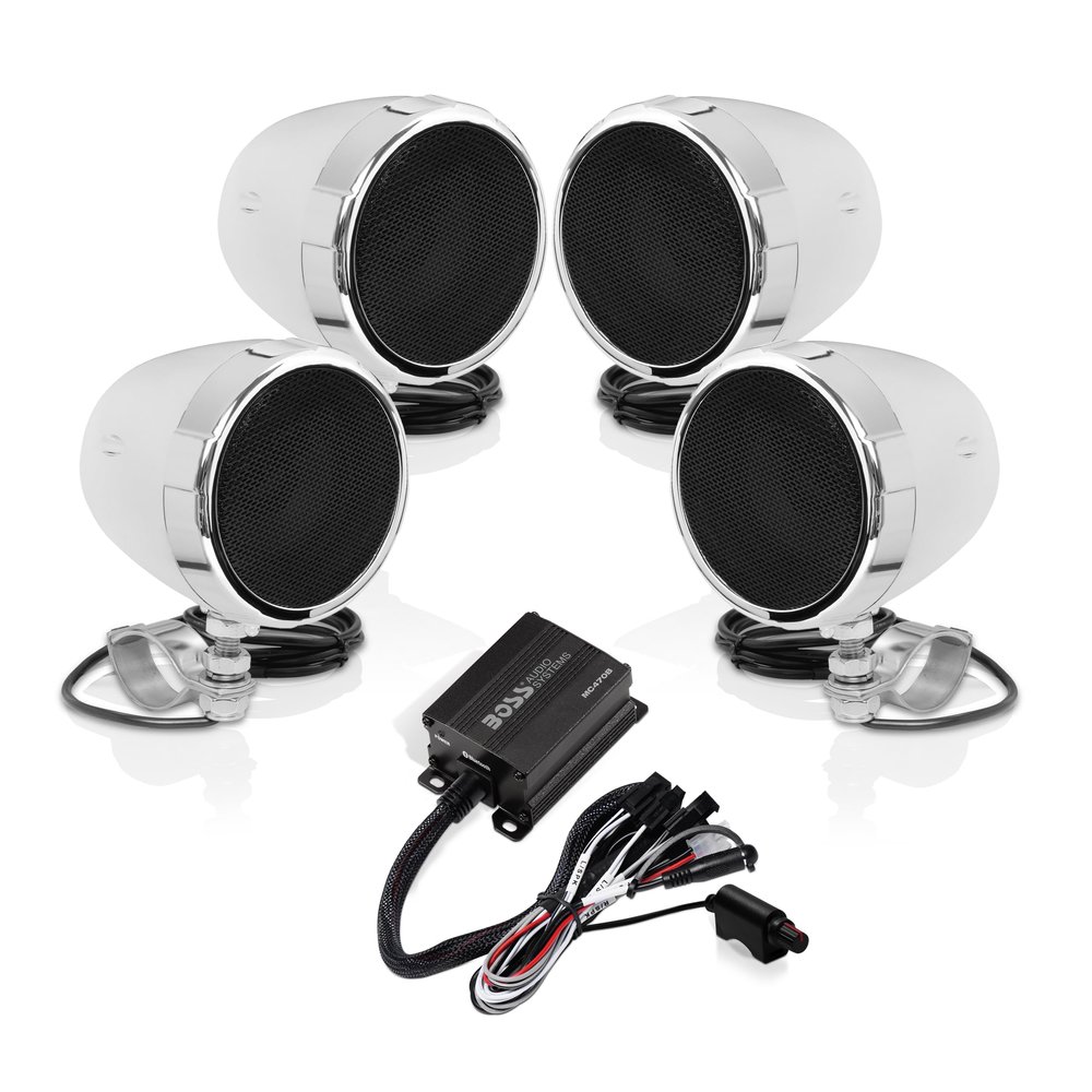 BOSS Audio Systems MC470B 3 Inch Motorcycle Full Range Speakers and Amplifier Sound System - Bluetooth 2 Channel Amplifier, Weatherproof, Volume Control, ATV UTV Compatible